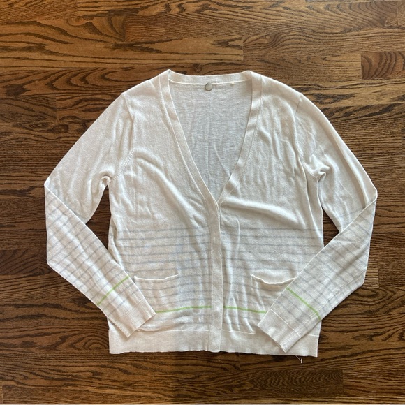 Margaret O’Leary Cardigan Sweater Stripes Ivory Medium Large Designer Cashmere? - Picture 1 of 10